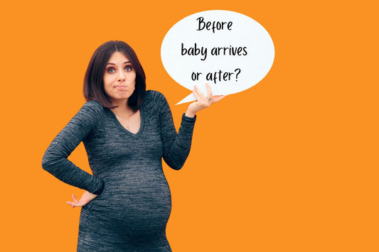 Pregnant woman with confused look on her face holding a giant speech bubble with the words "before baby arrives or after" written on it